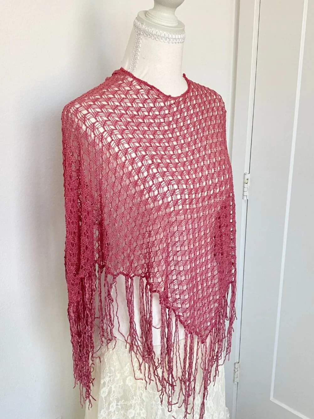 Vintage Y2K Inspired Style Pink Crochet Poncho Sheer Fringe Shawl Fairycore Coqu